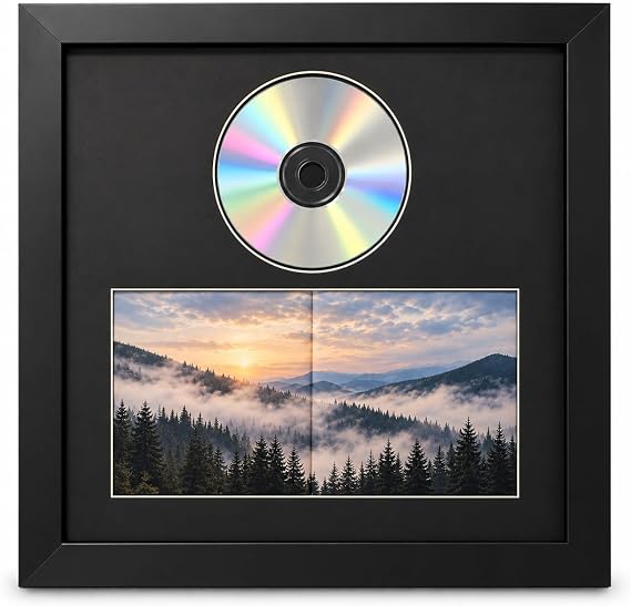 CD Frame CD Disc and Double Booklet Frame Featuring a Black Mat and Design Solid Wood Black Frame
