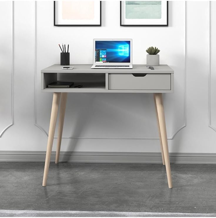 Offer Çalışma Masası, Bilgisayar Masası, Çekmeceli Gri, Ahşap Ayak, Ev-ofis
