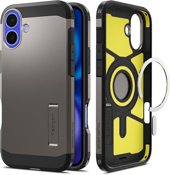Spigen iPhone 16 Plus ile Uyumlu MagSafe Kılıf Tough Armor Mag Fit Stand özellikli Çift Katmanlı Zırh Koruma Füme Kapak - ACS08084 (Spigen TR Garantili)