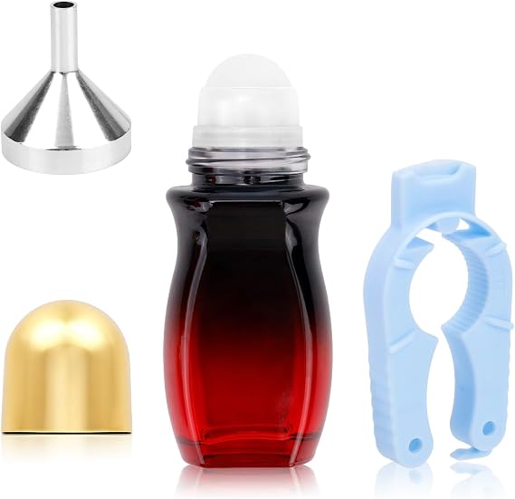 50ml グラデーション レッド ブラウン ガラス ローラーボトル エッセンシャルオイル用 詰め替え可能 漏れ防止 香水 アロマセラピー デオドラントロールオンボトル ゴールドキャップ漏斗&オープナー付き