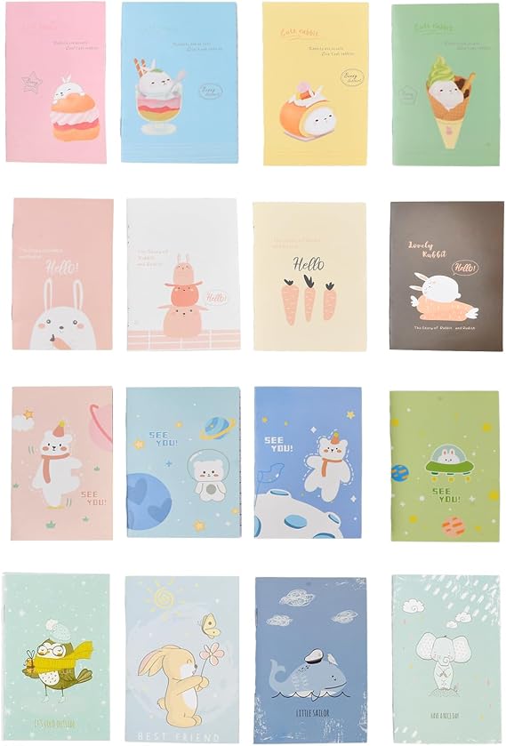 16 Mini Pocket Notebook, Portable diary notebooks, 10.5 x 7 cm, Pocket Notepad with Cute Cartoon Animal Design, Blank Notebook Set, Small Pockets Size for Notes, Work Diary or Planner