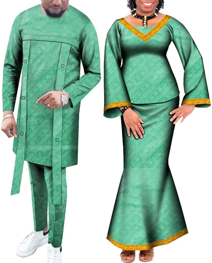 Bazin Riche Couples Clothing Set Womens Robe Skirt Set and Mens Shirt and Trousers Dashiki Clothing 1 L