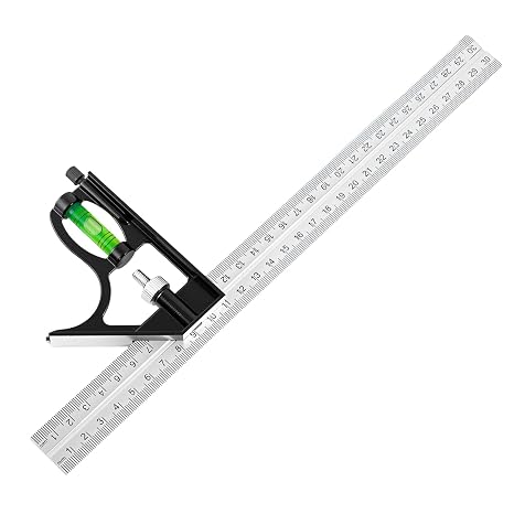 Combination Square 12Inch/300mm, Carpentry Square Stainless Steel Measuring Tool with Zinc Alloy Handle Bubble Level, Brass Scriber Adjustable Knurl Nut, 45/90 Degree Ruler Woodworking Marking Tool