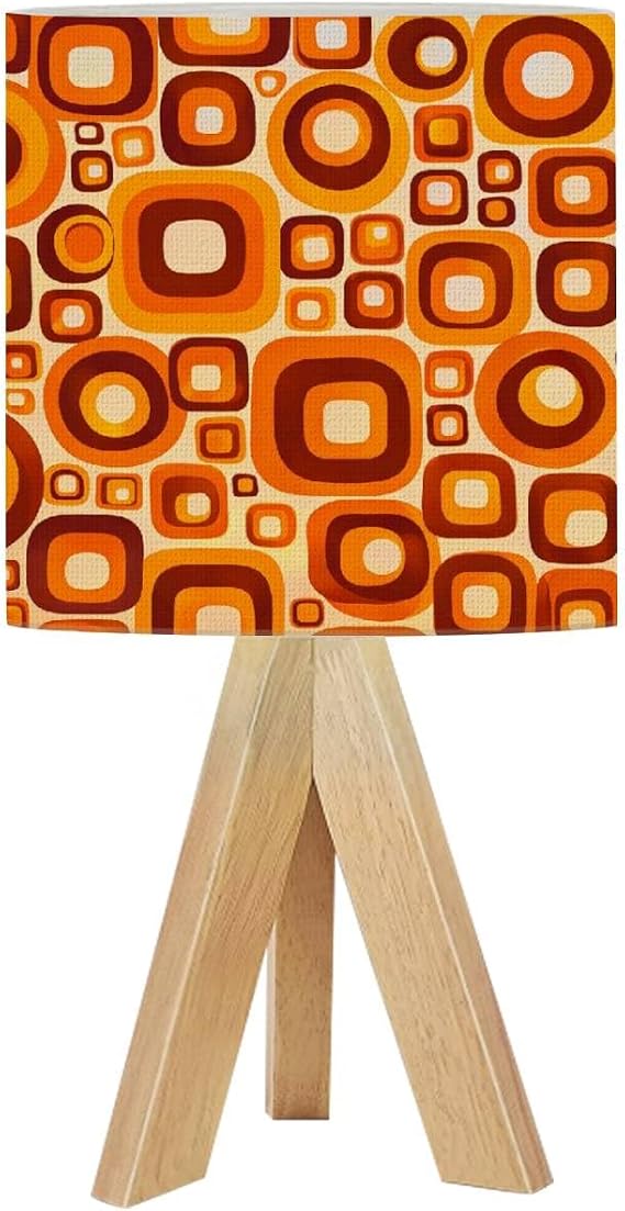 Bedside Table Lamp Tripod Desk Lamps for Living Room Bedroom 70s Retro Seamless in Orange Brown Yellow and Beige 60s and 70s Wooden Base Lampshade Kids Small Light Reading Nightstand Shades