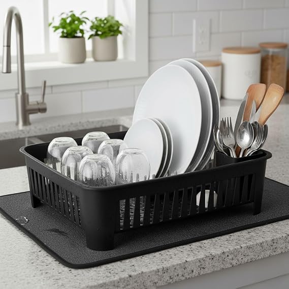 Deconox Portatif Kaşıklık Bölmeli Bulaşıklık | Tezgah Üstü Bulaşık Kurutmalık | 4 Renk Seçeneği | Dayanıklı ABS Plastik Malzeme (42x33x12cm) (SİYAH)