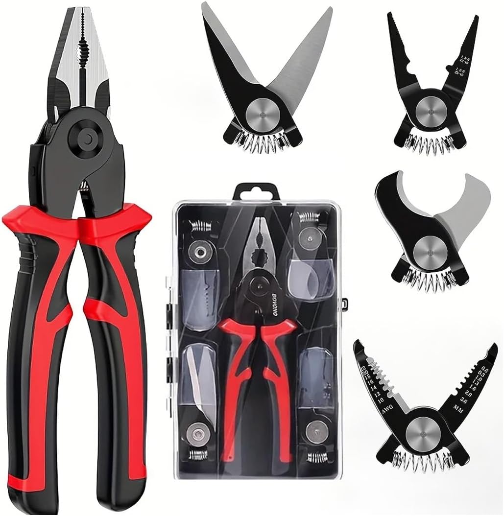 Mounted Lua Multi-Tip Pliers, 5in1 Multi-Function Replaceable Head Pliers Set Steel Wire Pliers Vise Stripping Pliers Set Multi-purpose Electronic Maintenance Tools for Electrician