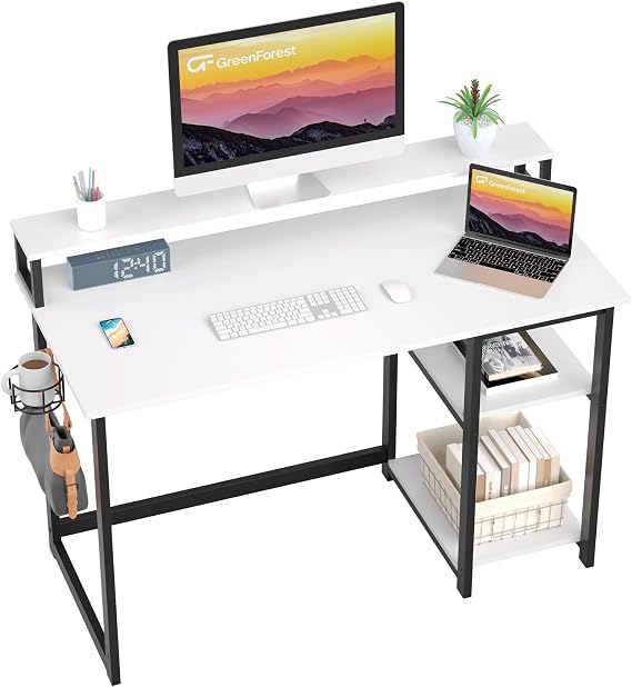 GreenForest Computer Desk with Full Monitor Stand,120 cm Home Office Desk with Reversible Storage Shelves,Small Study Desk with Headphone Hook and Cup Holder,White