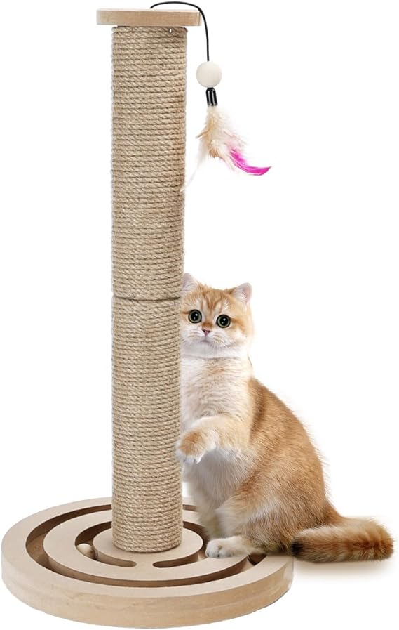 Nobleza Scratching Post for Cats with Wooden Base and Balls, Natural Sisal Scratching Tree with Feather, 3 in 1 Interactive Toy, 55 x 30 cm