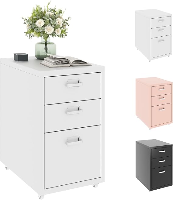 FLEXISPOT Mobile File Cabinet with 3 Drawers, Rolling Filing Cabinet with Wheels,Under Desk Office Storage for Home & Office (White)