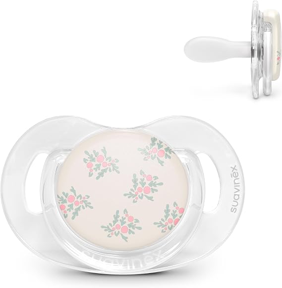 Suavinex, Pacifier for Babies 6/18 Months, Physiological Silicone Teat SX Pro, Flat, Symmetrical and Flexible, Respects Oral Development, with Ring, Transparent Shield, Pink Poetry