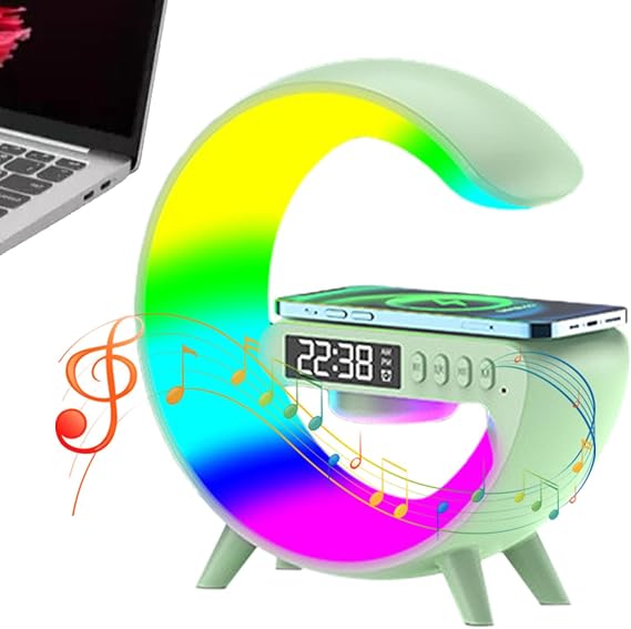 LED Night Light Table Atmosphere Lamps Wireless Charger Blueto-oth Speaker Lamp G Shape Music Lamp Timer Alarm Clock RGB Color Changing Atmosphere Lamp Dimmable Bedside Lamps for Family Friend Gifts