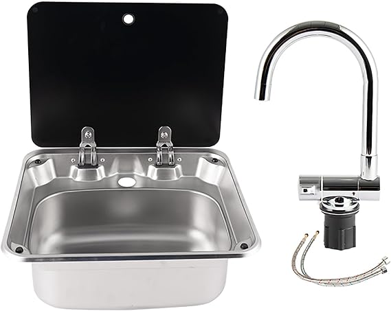 Stainless Steel RV Sink Kit - Camper Sink, Small Campervan Sink, with Folding Hot&Cold Faucet, for Outdoor Use