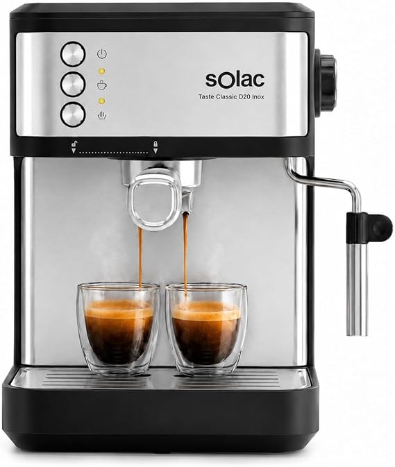 Solac – Espresso Taste Classic Coffee Maker | 850W | Pressure 20 bar | Tank 1.8L | Arm 1 and 2 Outlets | Steamer | Surface Heats Cups | Automatic Shut-off