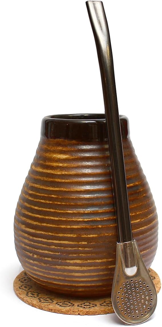 Mate Green Yerba Mate Tea Set ● Ceramic Mate Mug 350 ml ● Stainless Steel Drinking Straw Bombilla 19 cm ● Handmade Ceramic Calabash ● Mate Tea Ceramic Cup ● Cork Pad