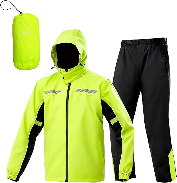 Waterproof Motorcycle Men's Rain Suit, Breathable Lightweight Hooded Reflective Rain Gear, Rain Jacket and Pants for Men