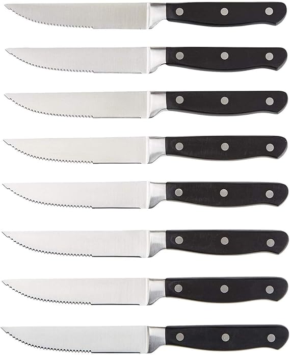 Amazon Basics Steak Knife Set, 8 Piece, Black/Brushed Stainless Steel