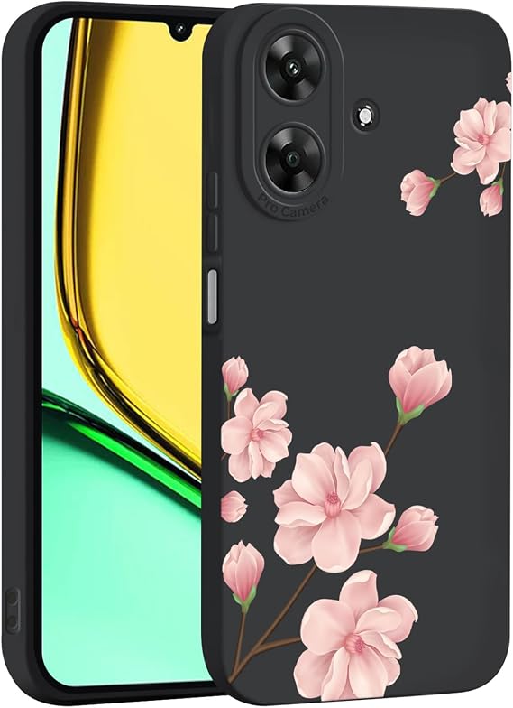 ILING Liquid Silicone Case for Realme C63/Realme C61/Realme Note 60/Realme Note 60X, Ultra Thin Elegant Flower and Cute Cartoon Pattern Design Soft Gel Rubber Frosted TPU Shockproof Cover (Black Q07)