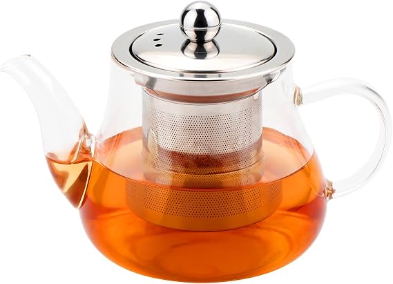Glass Teapot 450 ml No Drip Borosilicate Tea Pot with Infuser, Stovetop Safe Tea Kettle with 304 Stainless Still Strainer Small Teapot for Loose Leaf, Herbal, Fruit, Bubble Tea (450ml)