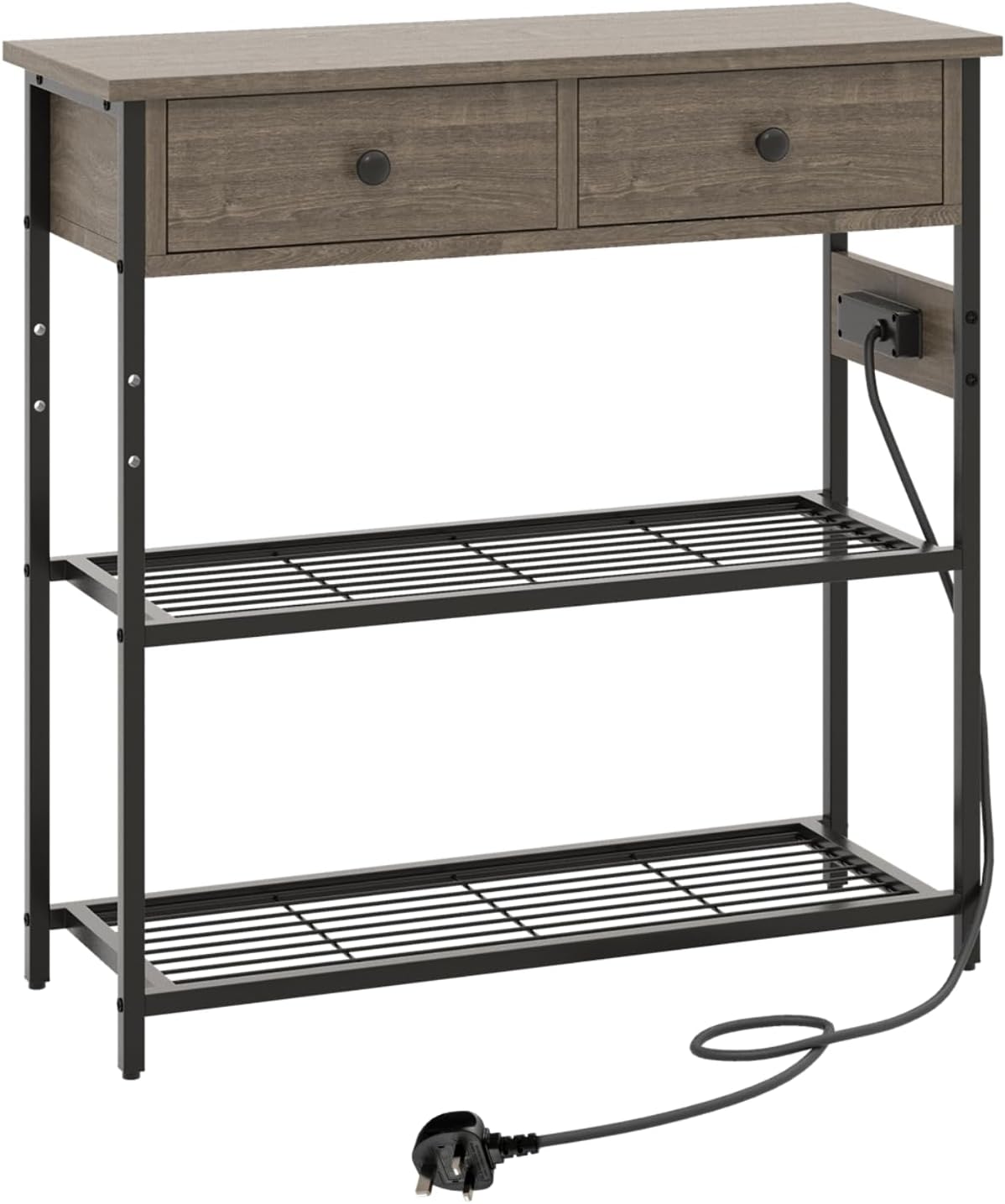 Multigot Console Table with Charging Station, 3-Tier Industrial Narrow Sofa Side Table with 2 Drawers and 2 Storage Shelves, Metal Frame Wooden Hallway Table for Living Room Entryway Grey Oak