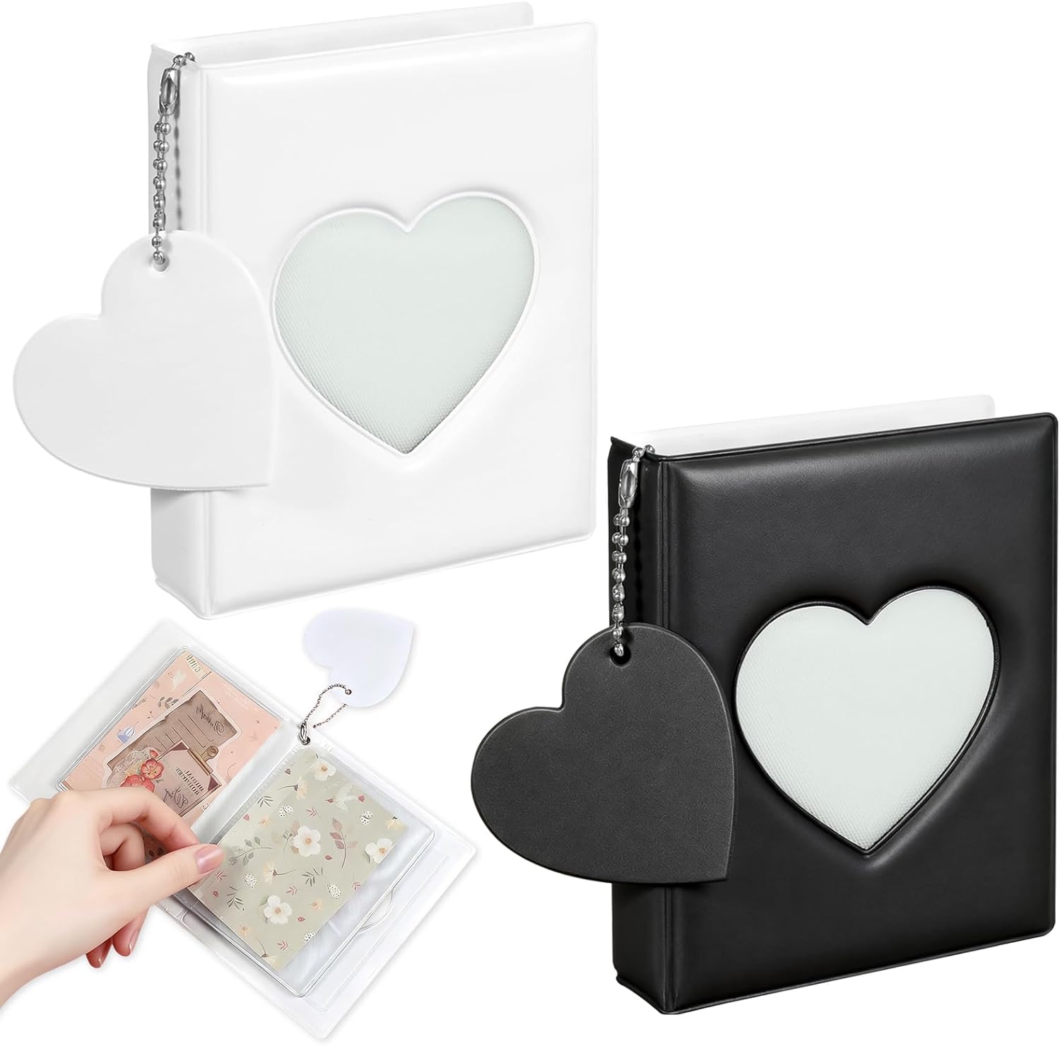 Photocard Holder, 2 Pcs Kpop Photocard Holder with Lovely Pendant, Photo Card Binder for Photo Picture Collection (Black, White)