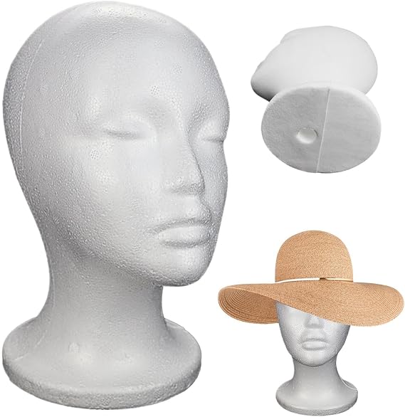 Foam Wig Head - Hat Display Head Model, Portable Mannequin Styling Stand, Cosmetic Application Practice Base, Polystyrene Material Salon Equipment | Headwear Holder for Stylists & Cosplayers