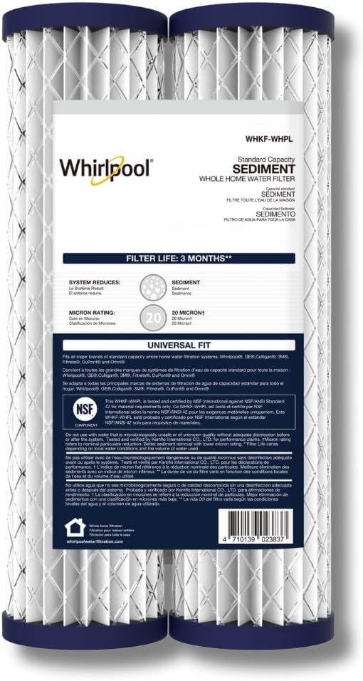Whirlpool Whole House Water Filter, 30 Micron Pleated Cartridge WHKF-WHPL, Standard Capacity Sediment Filtration Reduces Sand, Soil, Silt & Rust, Protects Dishwasher and Laundry Appliances