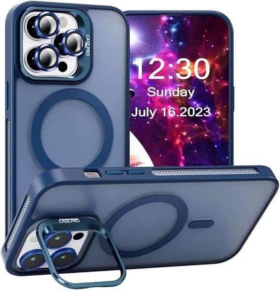 MADNOVA iPhone 14 Pro için Kılıf Kamera Korumalı Magsafe Wireless Şarj Özellikli Lens Hediyeli Mat Şeffaf Renkli Standlı Kılıf (LACİVERT)