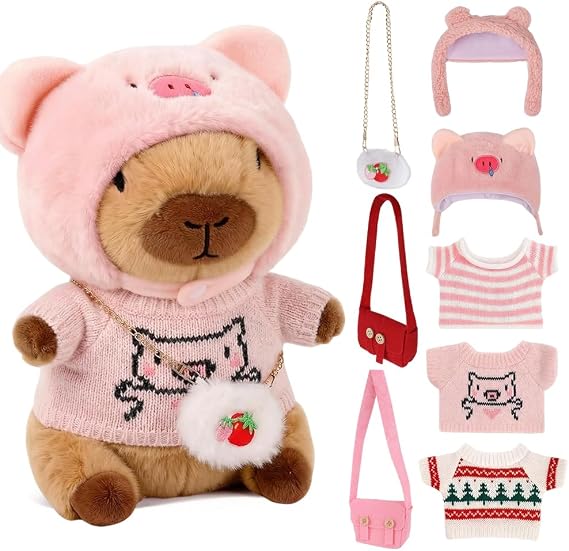 Capybara Plush with 9PCS Clothes and Accessories, 25cm Capybara Stuffed Animal, CapybaraPlush Soft Toy, Cute Capybaras Teddy, Dress Up CapybaraStuffed Animal Plush Toys Gift for Kids Boy Girl(C)