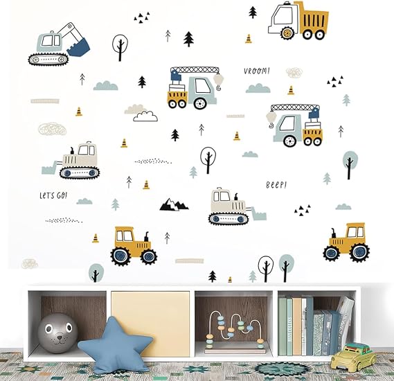 Construction Vehicles Wall Sticker - Trucks Tractor Excavator Crane Wall Decals for Boys Bedroom, Nursery, Playroom, Kids Room Decor