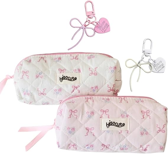 Bow Pencil Case Pink Floral Pencil Bag, 2 PCS Large Capacity with Bow Keychain – Aesthetic Cute Design for School, Travel, Office & Daily Use
