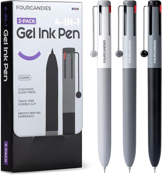 Four Candies 3 PCS Multicolor Ballpoint Pen, 0.5mm Colored Pens, 4-in-1 Multicolor Ink Pens, 12 Colors Retractable Ink for Office, School & Back to School Supplies