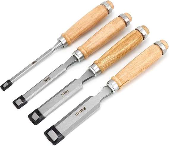 QWORK® 4 Pieces Wood Chisels 6, 12, 19, 24 mm, Hardened Carbon Steel Chisels with Ergonomic Handle and Impact Cap