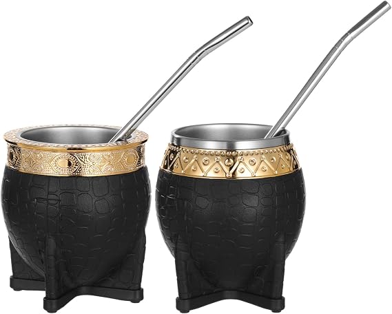 2 Pcs Stainless Steel Yerba Mate Cup Set, Black Rubber Body, 180 ml Wide Mouth & Narrow Mouth, Quality Stylish Stainless Steel Straw, Gold Accents, Ideal for Traditional Mate Tea Drinking