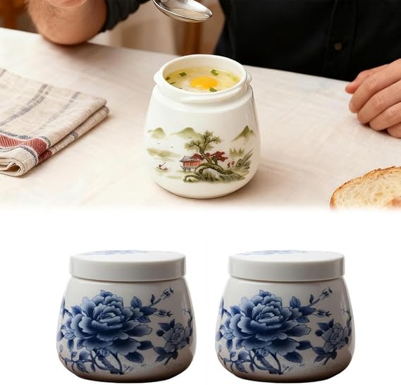2 Pcs Coddled Egg Cups, Coddle Egg Coddler Cups with Lids, Vintage Ceramic Soft Boiled Eggs Cooker,220ml Porcelain Tableware Breakfast Serving, Retro Table Treasure Chawanmushi Steamed Eggs Dish