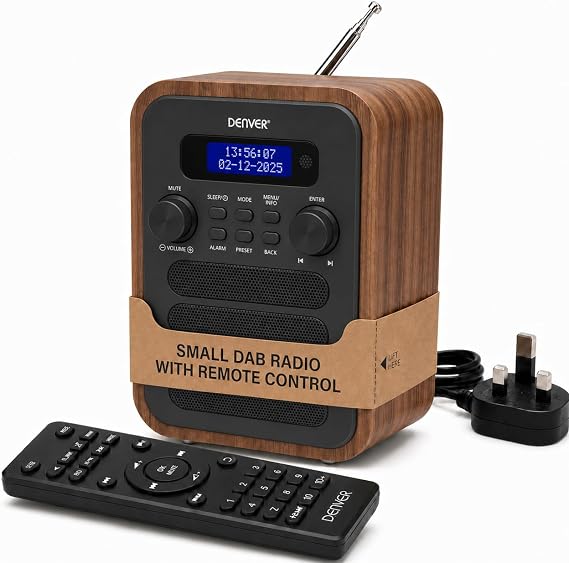 Denver DAB-48 Bluetooth DAB+ Radio With Remote Control - Digital Radio Mains Powered – Bluetooth Speaker – Alarm Clock – Grey With Large Remote Control