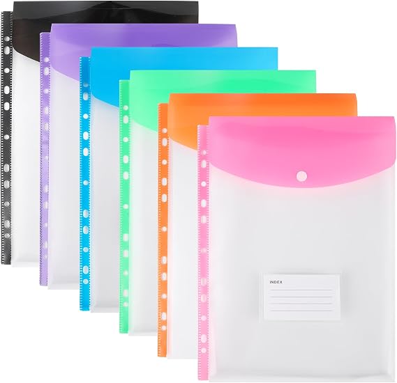Plastic Wallets A4 Punched Pockets, 11 Holes Expandable Binder Folders for 2/3/4 Ring Document Pouch with Snap Button & Label Loose-Leaf Transparent for Office School Home (6 Pack - Top Open)