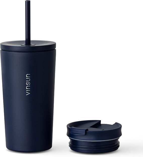VINSUN Travel Mug with Straw 480ml, Leak-Proof Stainless Steel Thermal Mug