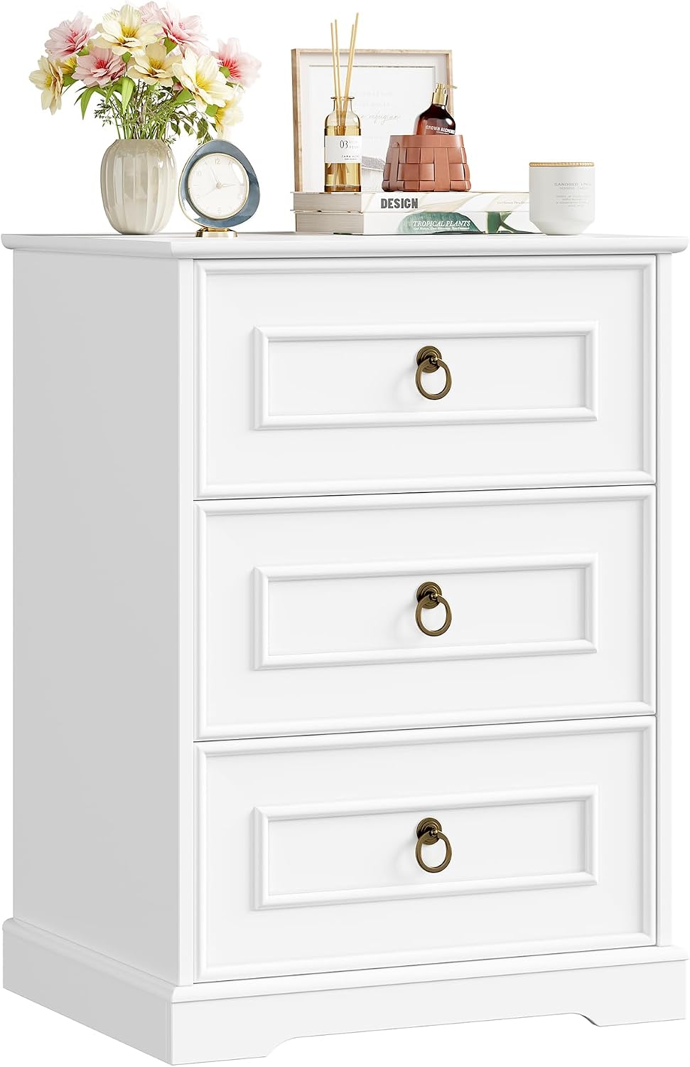 FOREHILL Bedside Tables White Bedside Cabinet with 3 Drawers Nightstand Wooden Side End Table Modern for Bedroom Living Room 45.5x38x64 cm