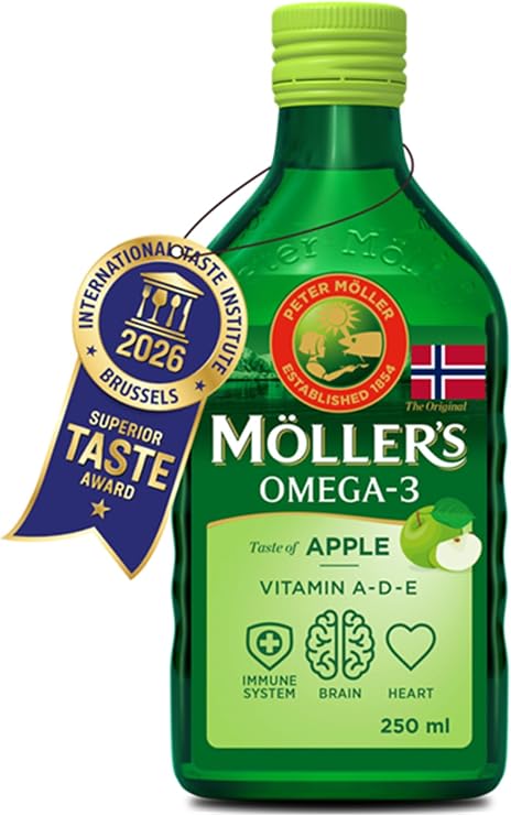 Moller’s ® | Omega 3 Cod Liver Oil | Omega-3 Dietary Supplements with EPA, DHA, Vitamin A, D and E | Superior Taste Award | Pure & Natural cod Liver Oil | 166 Year Old Brand | Apple | 250 ml