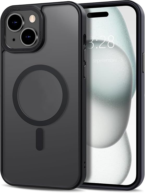 GGM GİYİM & AKSESUAR iPhone 15 için Magsafe ile Uyumlu Arka Kısmı Mat Şeffaf Kenarları Silikon Yapılı Kamera Lens Yükseltili Güçlendirilmiş Mıknatıslı Wireless Kablosuz Şarj Destekli Kılıf (Siyah)