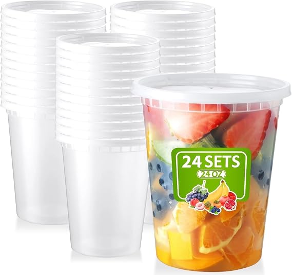 LATERN 24Pcs Plastic Food Containers with Lids, 720ml /24oz Reusable Food Storage Cups Leakproof Soup Storage Container Freezer Safe Microwaveable Deli Cups for Meal Prep and Portion Control