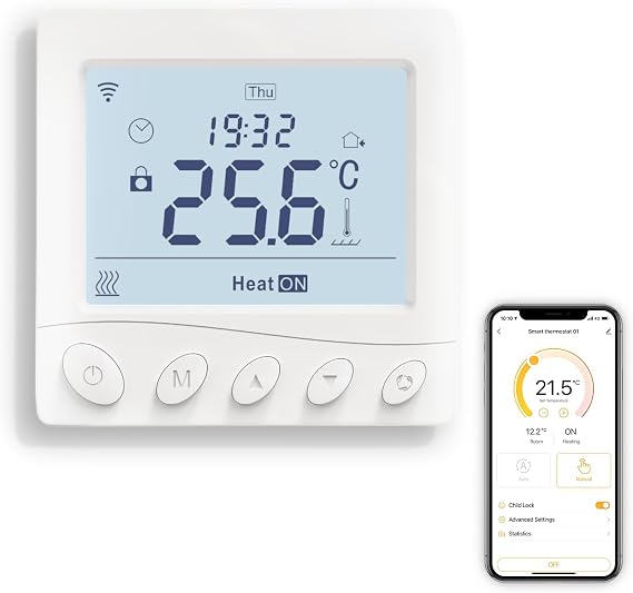 MOES Smart WiFi Thermostat Underfloor Electric Heating, Schedule and Remote Contorl, Hub-Free, Compatible with Amazon Alexa, Mechanical Button, 16A