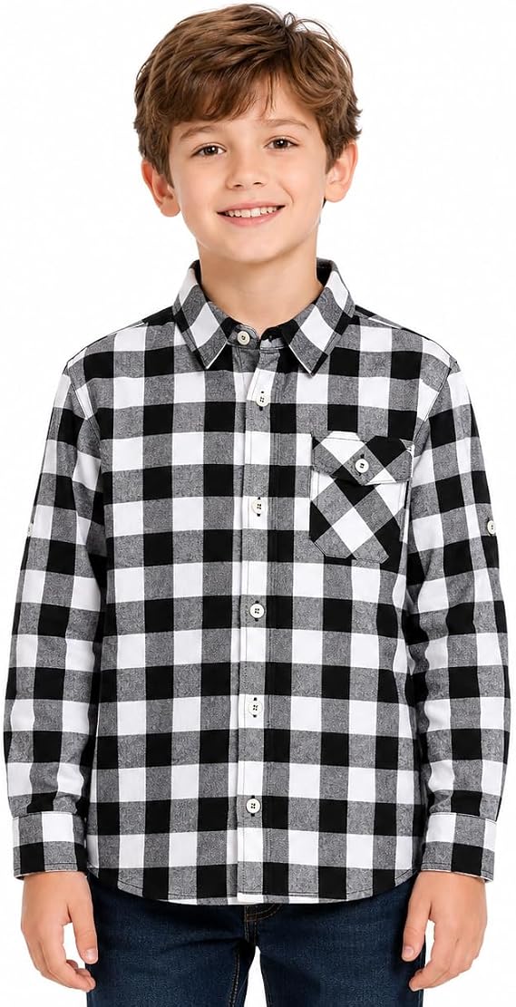 Bienzoe Boys Plaid Flannel Shirt: Long Sleeve Button Up