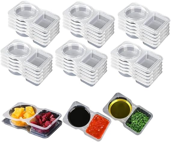 30/40/50pcs Reusable Snack Pack Containers, 2 Compartments, Snack Containers, Double Compartment Snack Container with Lid, Condiment Containers, Thick Portable Snack Pack, Snack Box for Condiments, Small Food Storage Containers, Leak Proof Snack Storage, Clear Portion Cups for Meal Prep, Portable and Easy to Clean, School, Work, Travel, Picnic 30