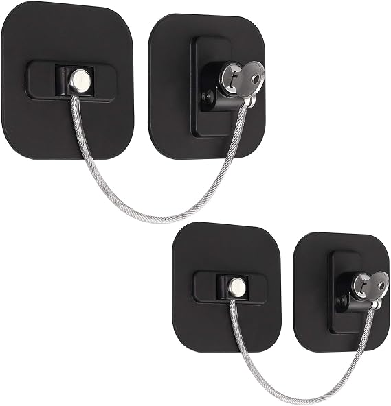 Kamtop 2 PCS Refrigerator Locks, Fridge Locks with Keys, Freezer Door Safety Lock Stainless Steel Cable Lock Cylinder Cabinet Cupboard Safety Limit Lock, Black
