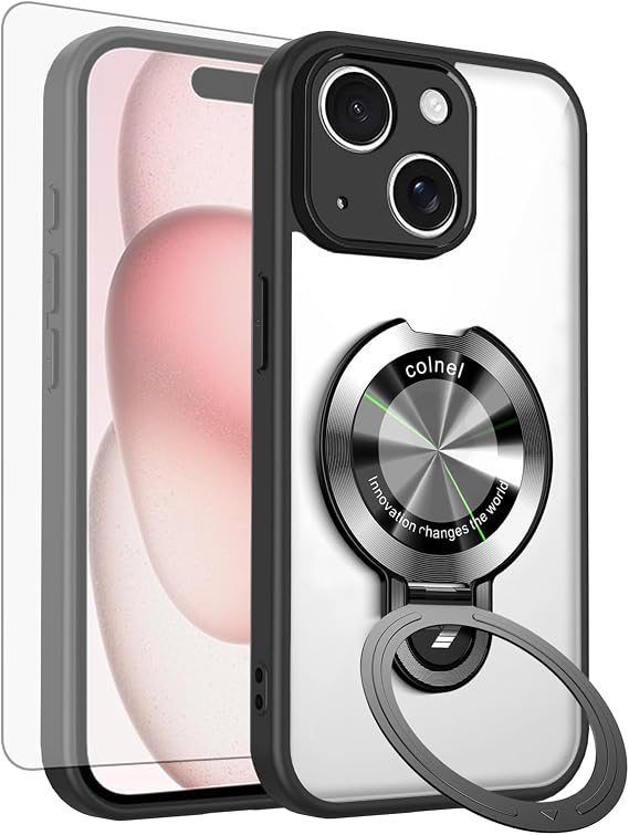 Asuwish 携帯電話ケース iPhone 15 Plus 17 cm 携帯電話カバー 強化ガラススクリーンプロテクター ミリタリーグレード 落下保護 頑丈なリング ハードホルダー i Phone15 15+ i15 + 15Plus レディース メンズ ブラック
