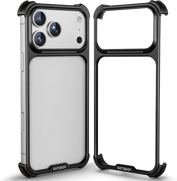 iPhone 17 Pro Max用メタルバンパーケース、アルミニウム合金フレーム 中空バックレイズドエッジ Magsafe対応 ミニマリストスリム 耐衝撃保護 クールカバー ハードシェル、ブラック