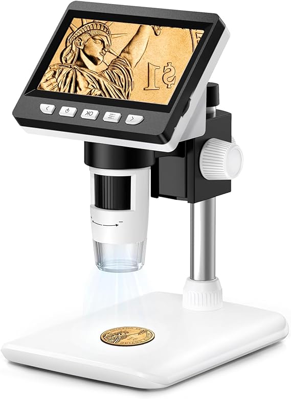 GlobalCrown Digital Microscope for Kids/Adults, 4.3 Inch Screen, Portable Microscope with 8 Adjustable LED Lights, 50-1000X Magnification, Compatible with Windows/Mac