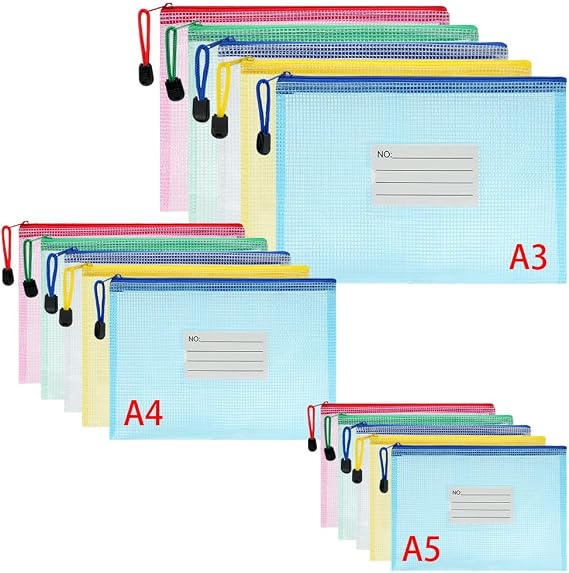 Vicloon Plastic Wallets, 15Pcs A3 A4 A5 Folders Wallets, Zip Lock Bags Mesh Document Wallet Plastic Document Wallets Folder with Label Pocket for School Office Homework Travel Storage Bags (Multi)