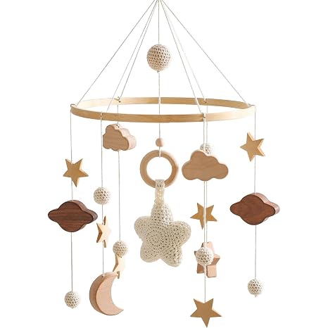 Mobile Forest Animals Mobile Bed Bell with Stars Wood Mobile Baby Bed Toy with Crochet Star Moon Clouds Pink Hanging Wind Chime Felt Bed Bell Mobile Changing Table